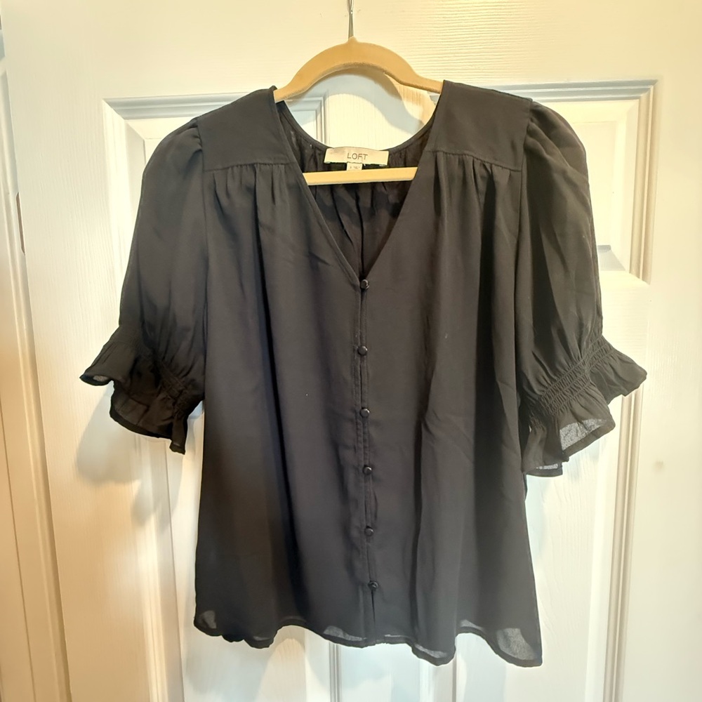 LOFT Black Puff Sleeve Blouse
